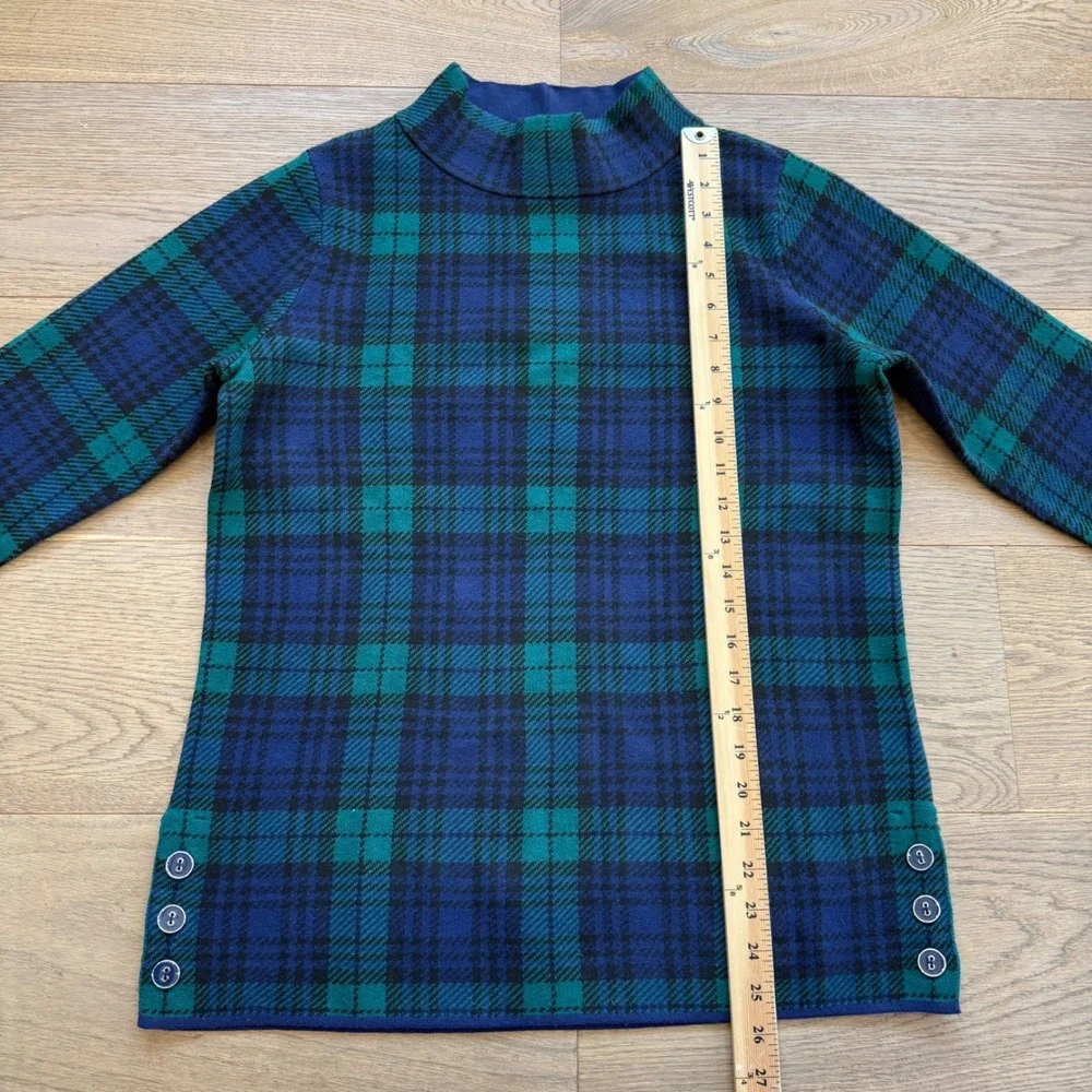 Appleseed's Womens Black Watch Plaid Mock Neck Sweater Blue Green Button M
